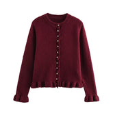 LIZAKOSHT  -  Trendy O-neck Lace Hem Cardigan Knit Top for Women Single-breasted Long Sleeves Coat Sweater Mujer Y2k Clothes Short Jacket New